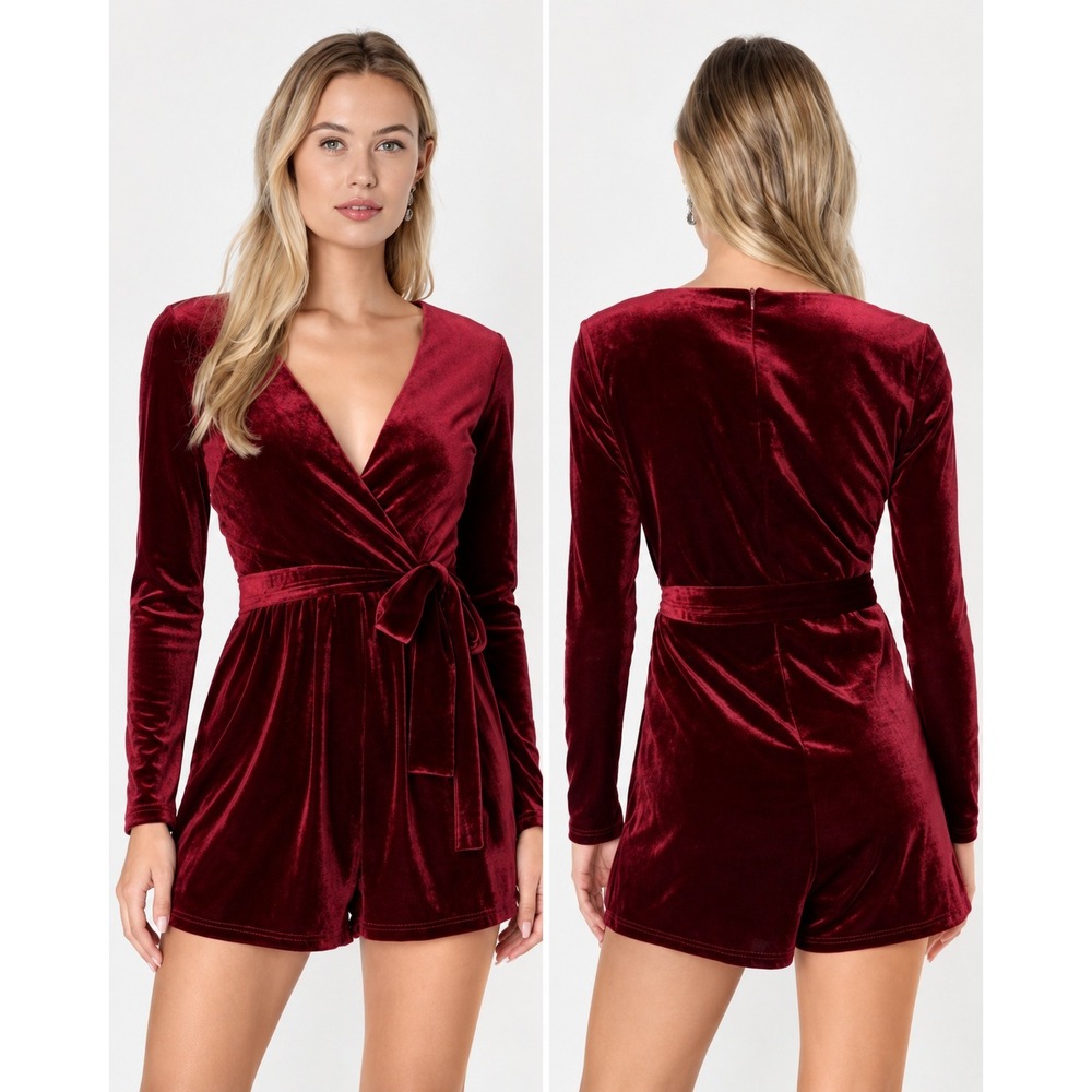 Lulus Burgundy Velvet Wrap Romper V-Neck Holiday Party Red Small Luxe Romantic